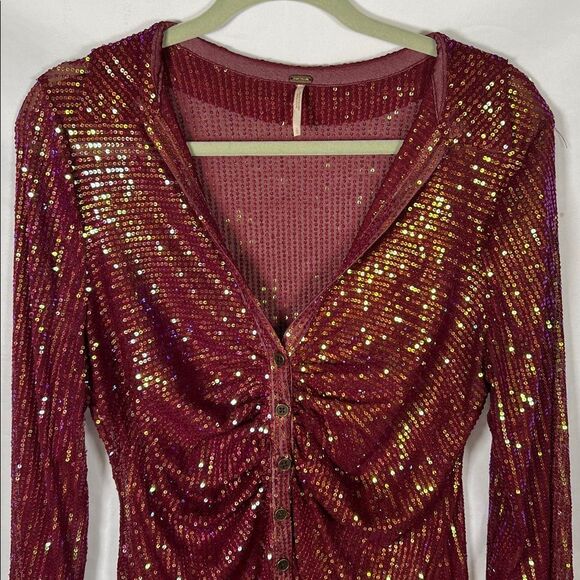 Free People Magenta Sequin Long Sleeve Button Down Shirtee Top Size L - Picture 4 of 8